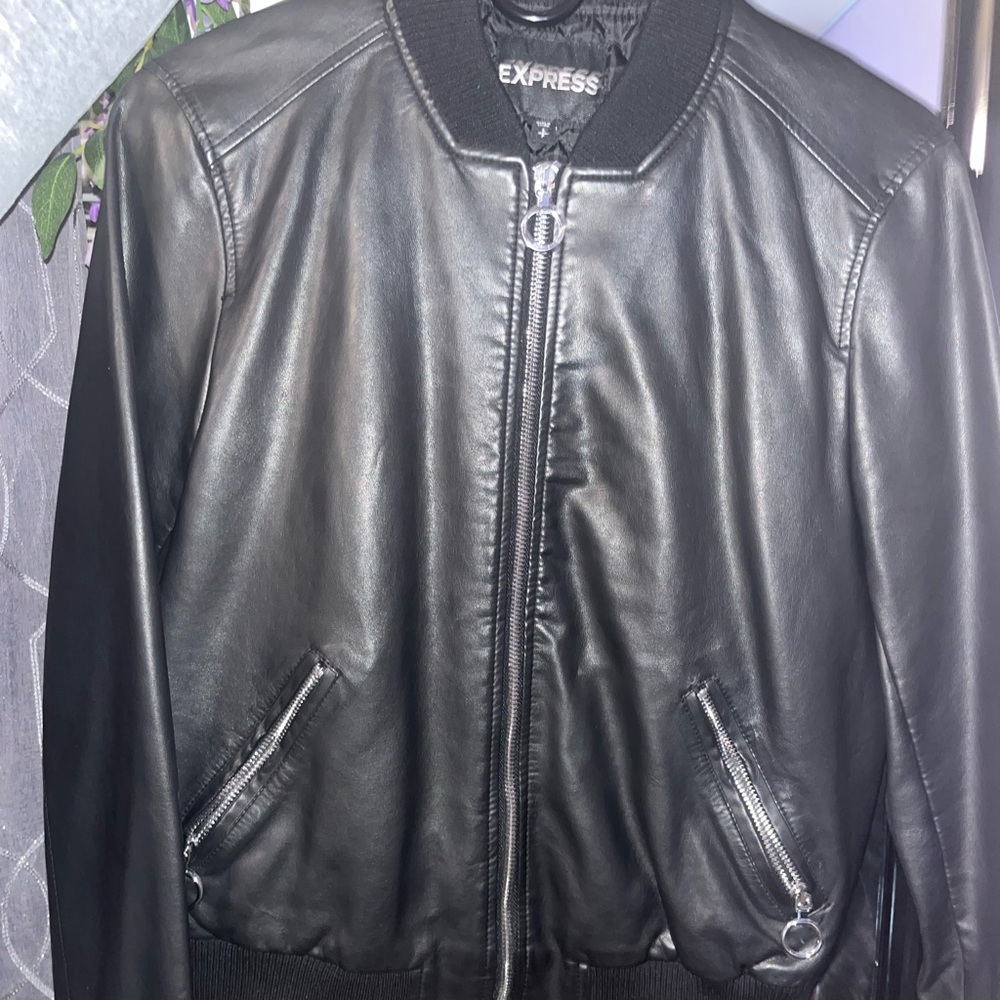 Express black faux leather bomber. Size small